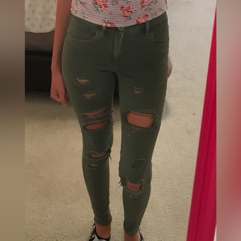 American Eagle Brand Size 00 Distressed Skinny Jeans, Super Stretch, Green